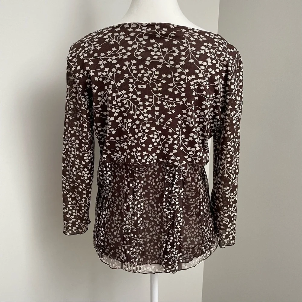 Vintage Apres La Pluie Paris Y2K Brown Babydoll Mesh Overlay Longsleeve Blouse - Picture 4 of 6
